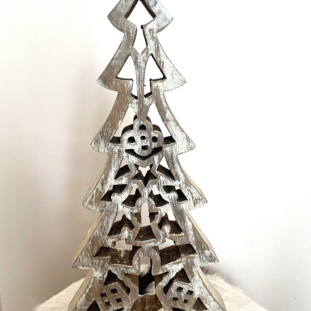 Anthropologie Distressed Carved Wood Christmas Tree with Angels Holiday Decor